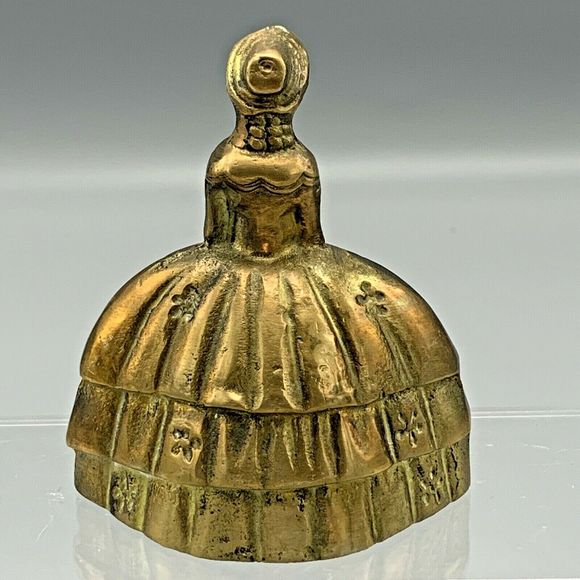 Vintage Brass Bell Southern Belle Lady Holding Basket of Flowers Crinoline Dress - Picture 5 of 9